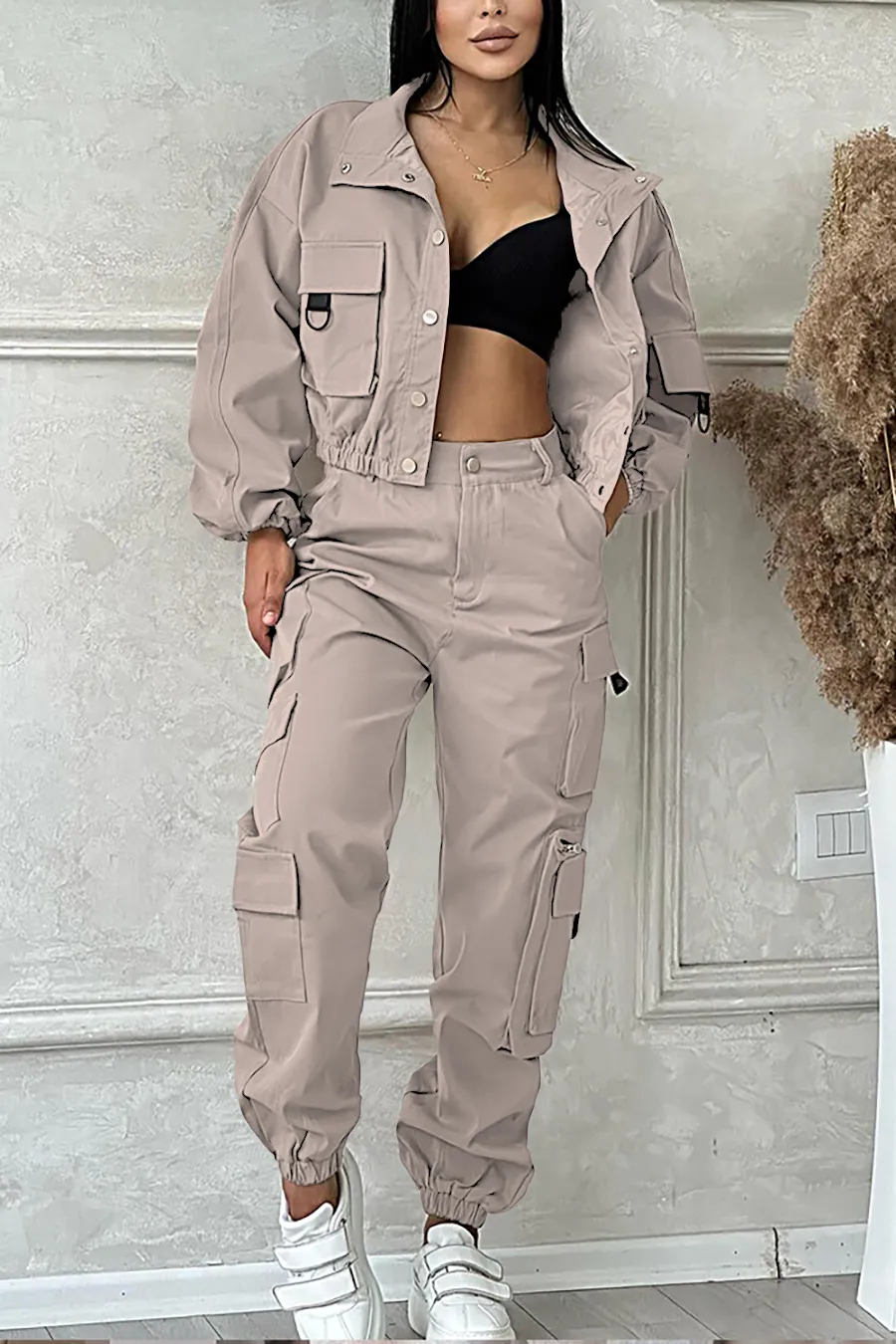 9PACK- Solid Color Pocket Jacket & Pants Two-piece Set