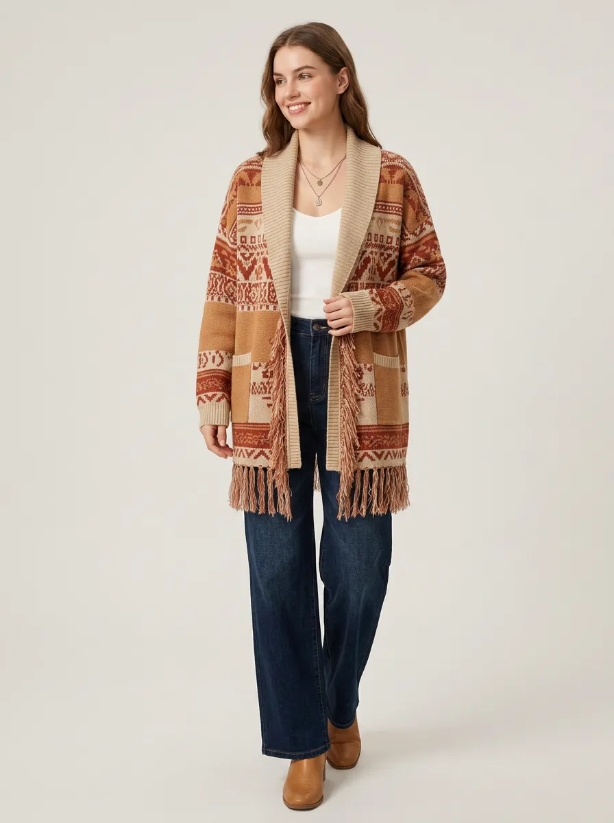 Women's Boho Vintage Geometric Pattern Tassel Printed Cardigan