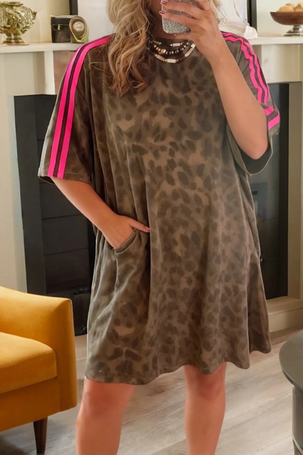 Striped Animal Print Pocketed Mini Dress