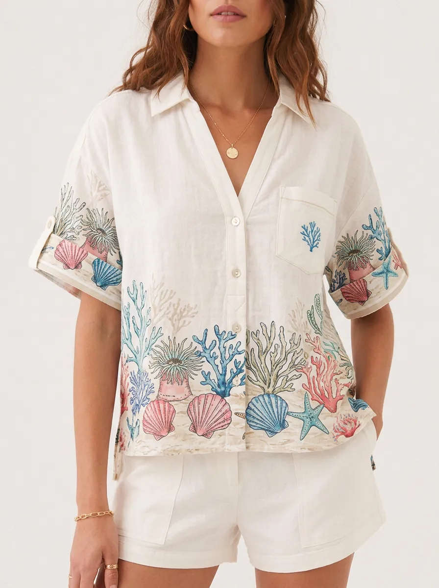Women's Coastal Print Point Collar V Neck Shirt