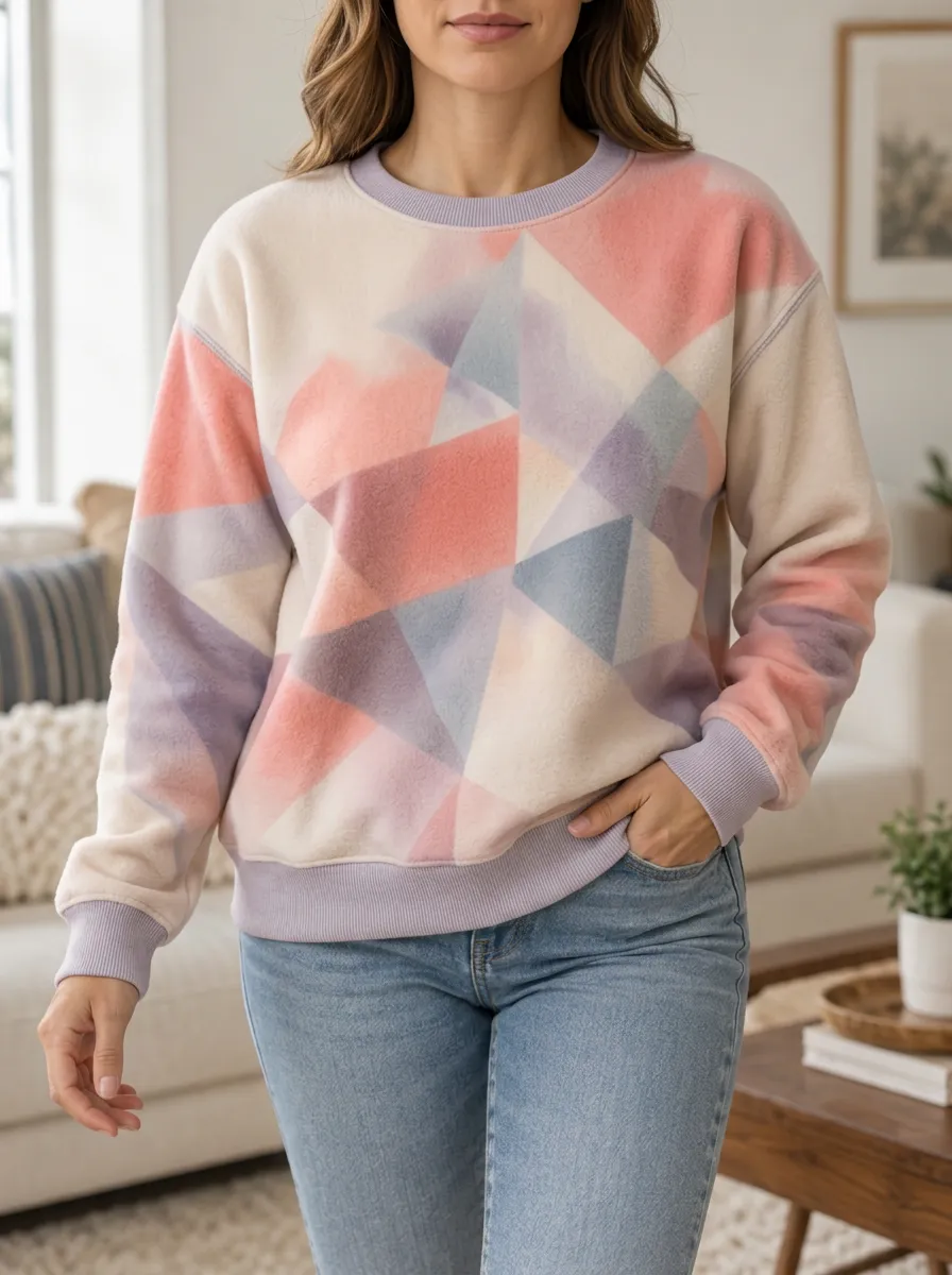 Women's Multicolor Geometric Print Crewneck Sweatshirt Relaxed Fit Ribbed Trim