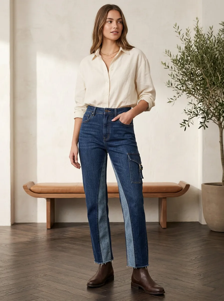 Women's Two-Tone Contrast Panel Cargo Printed Jeans