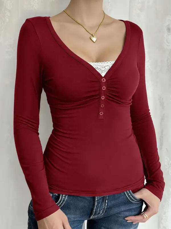 Layered Look Long Sleeve Button Detail Pleat Detail Panel Detail V-Neck T-Shirt