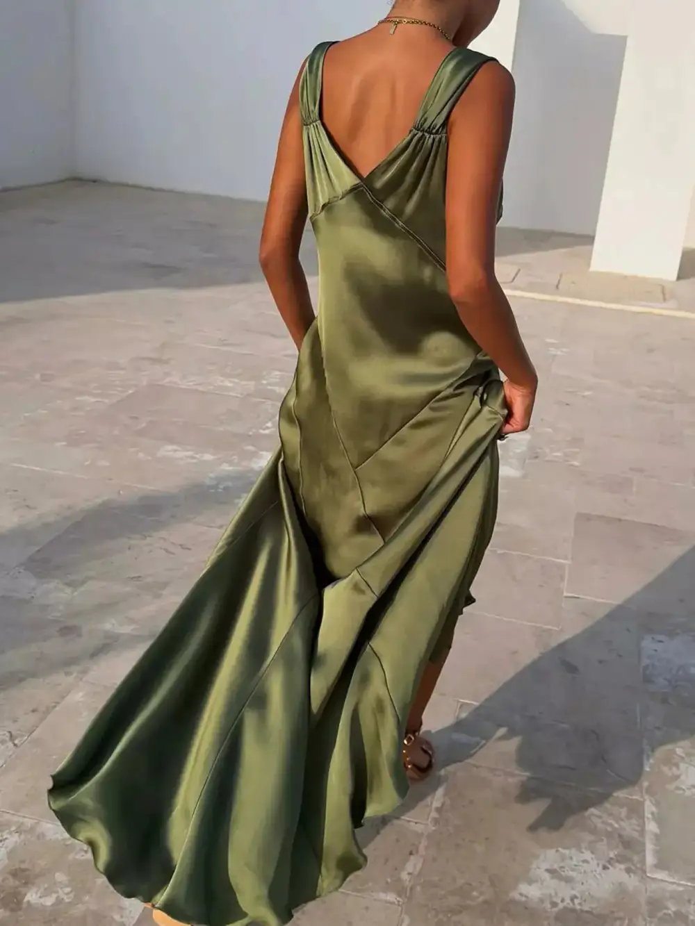 Satin V Neck Slit Maxi Dress