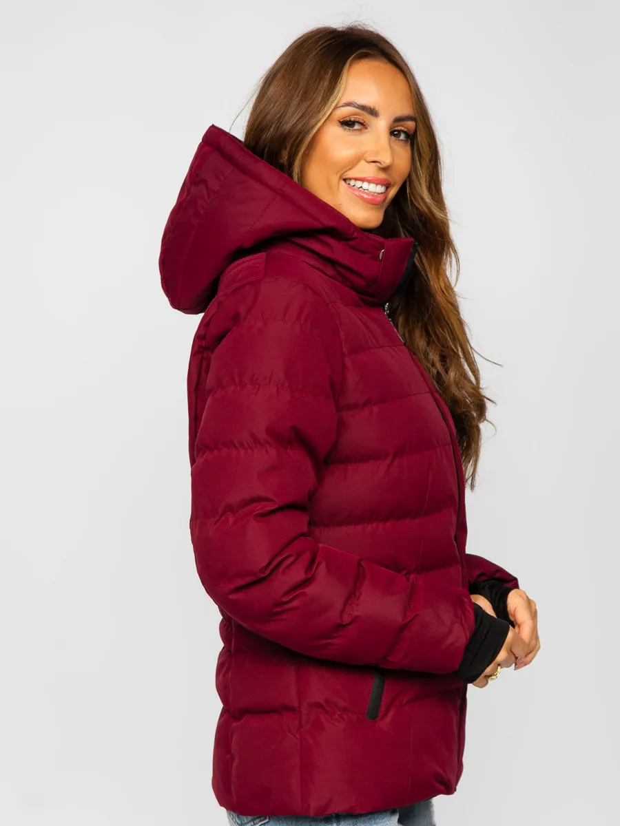 Wine Women's Quilted Winter Jacket With Hood