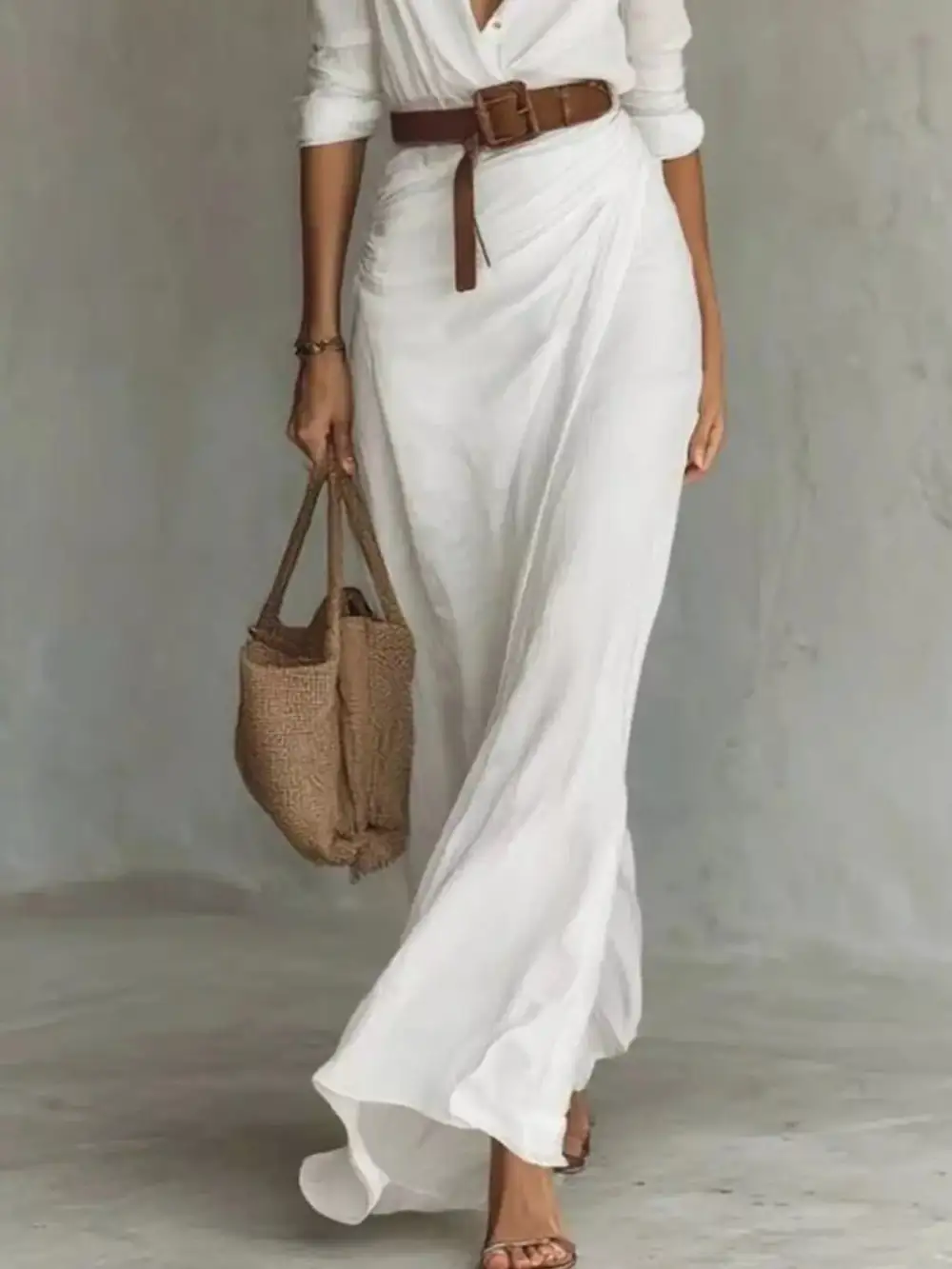 Gathered Detail Ruched Long Sleeve Maxi Dress