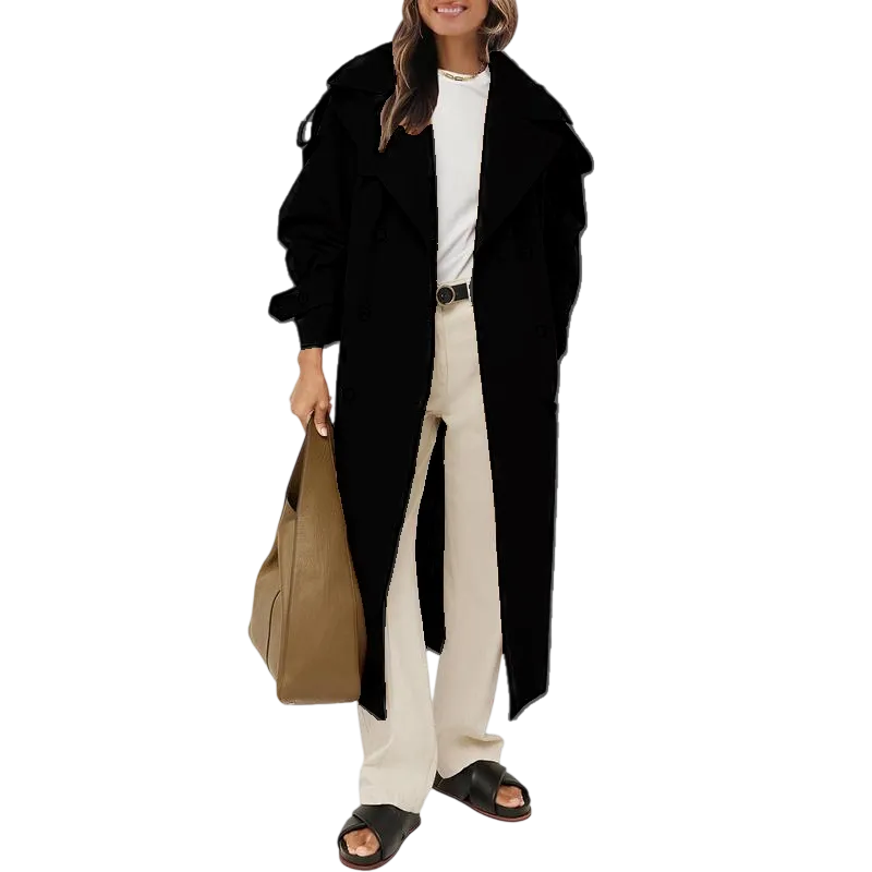 Womens Oversized Long Trench Coat Double Breasted Lapel Windproof Overcoat with Belt