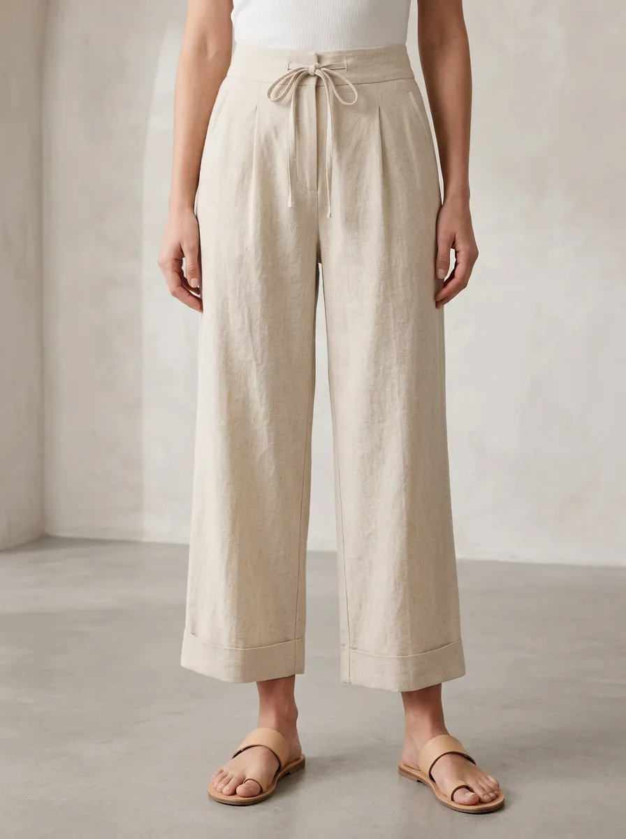 Everyday Drawstring Waist Linen Blend Casual Look Women's Cropped Pants