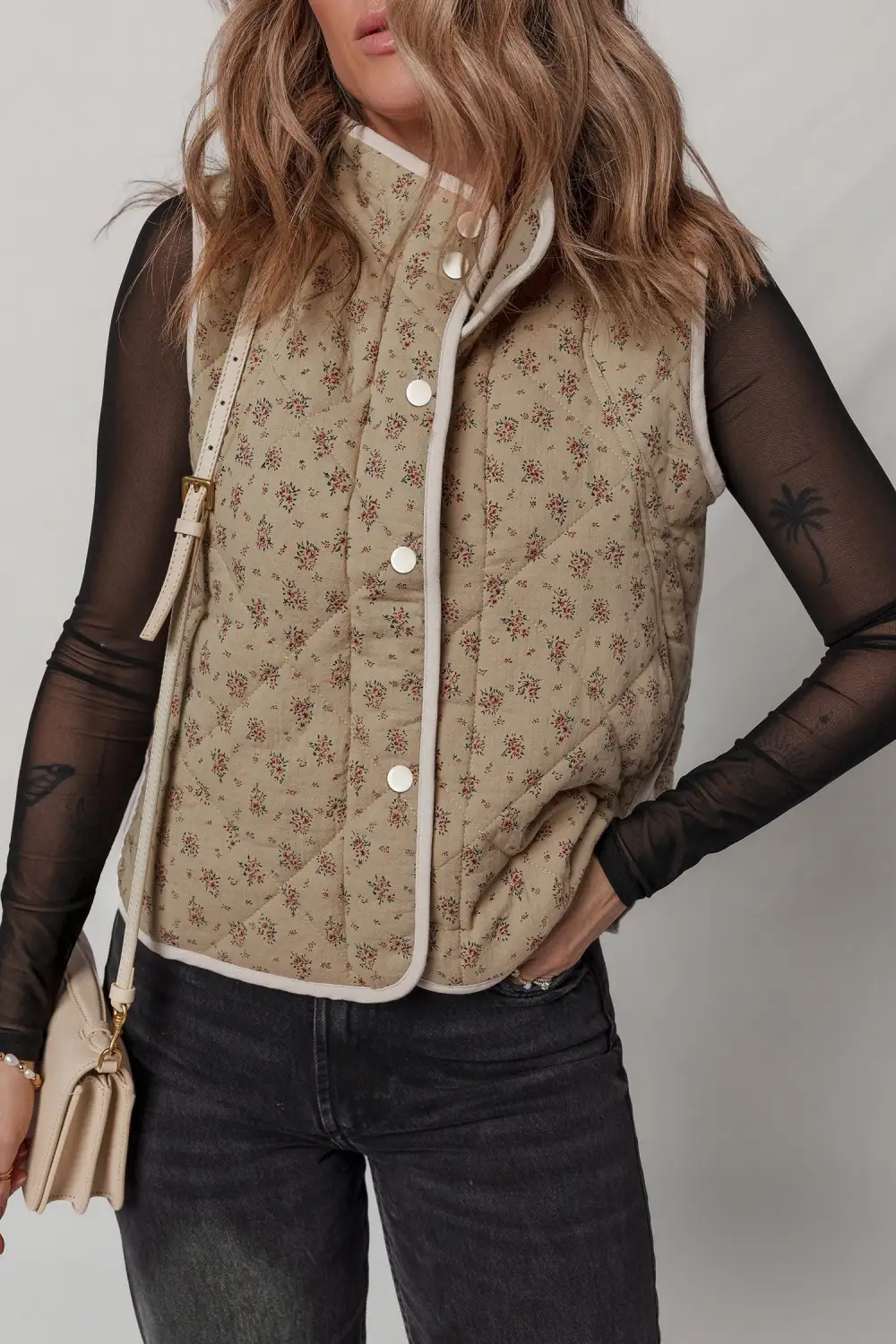 Floral Print Concealed Button Quilted Vest