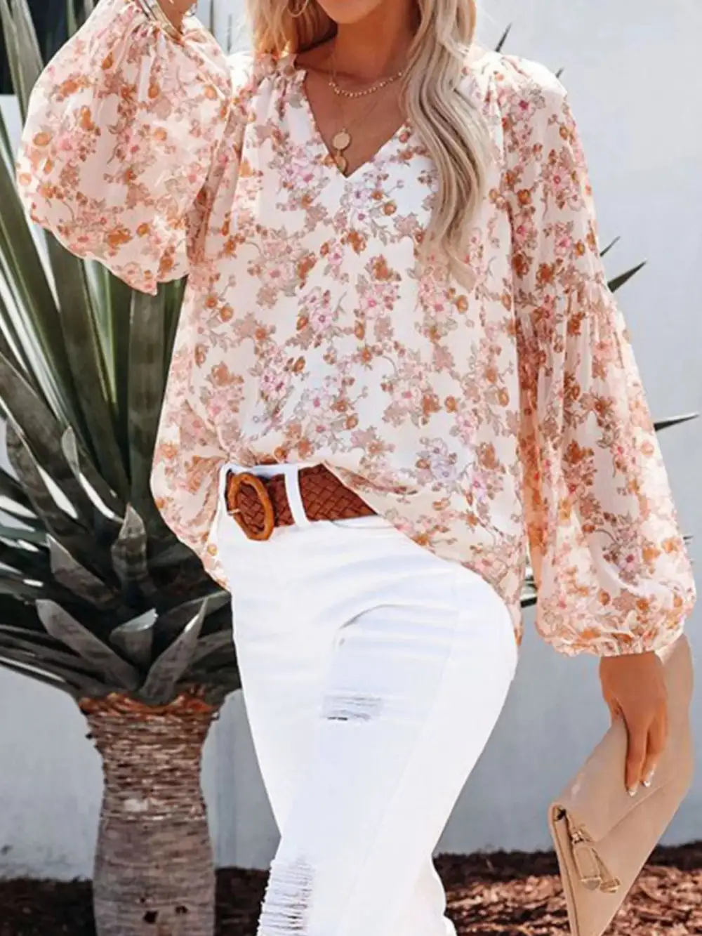 Floral Print V Neck Long Sleeve Blouse