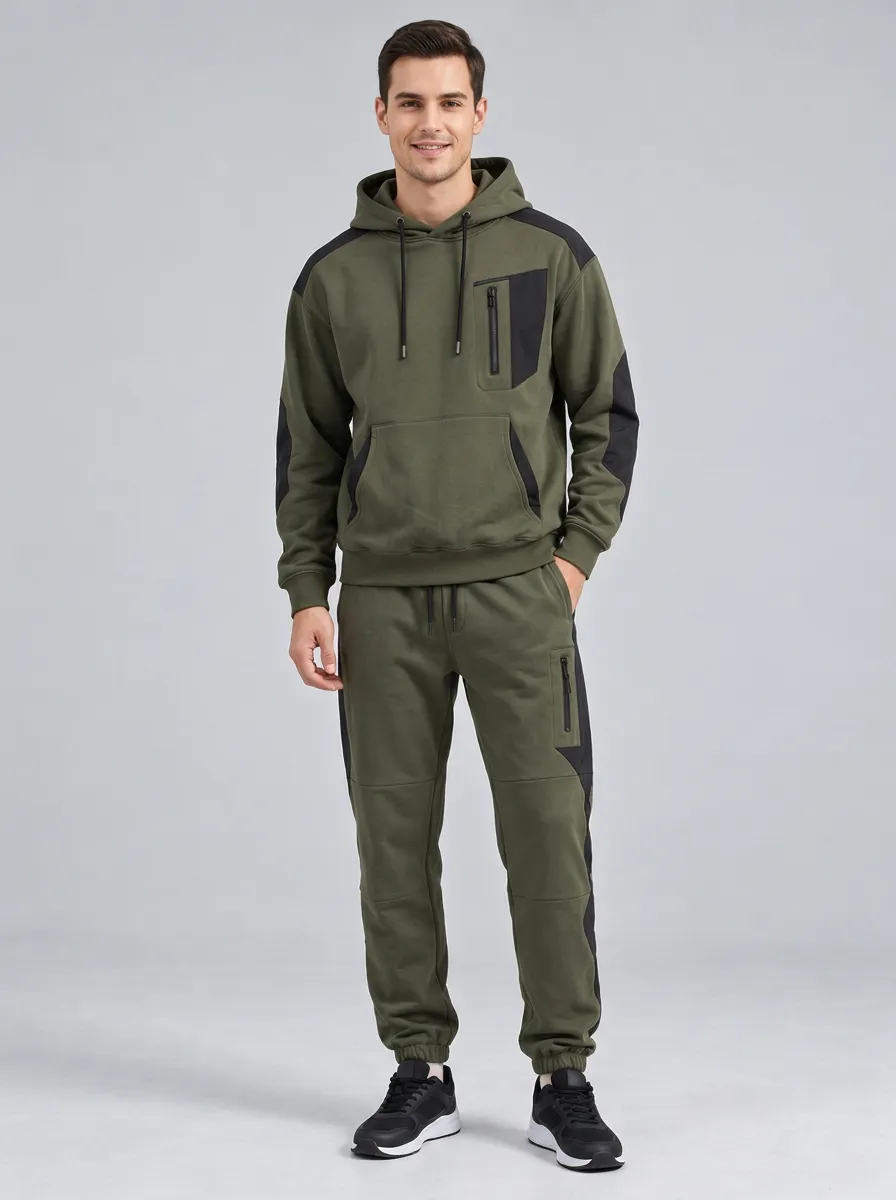 Men's Activewear Olive Green Colorblock Zipper Pocket Tracksuit