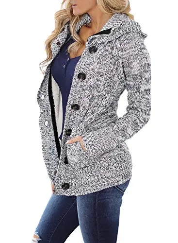 Women Hooded Knit Cardigans Button Cable Sweater Coat