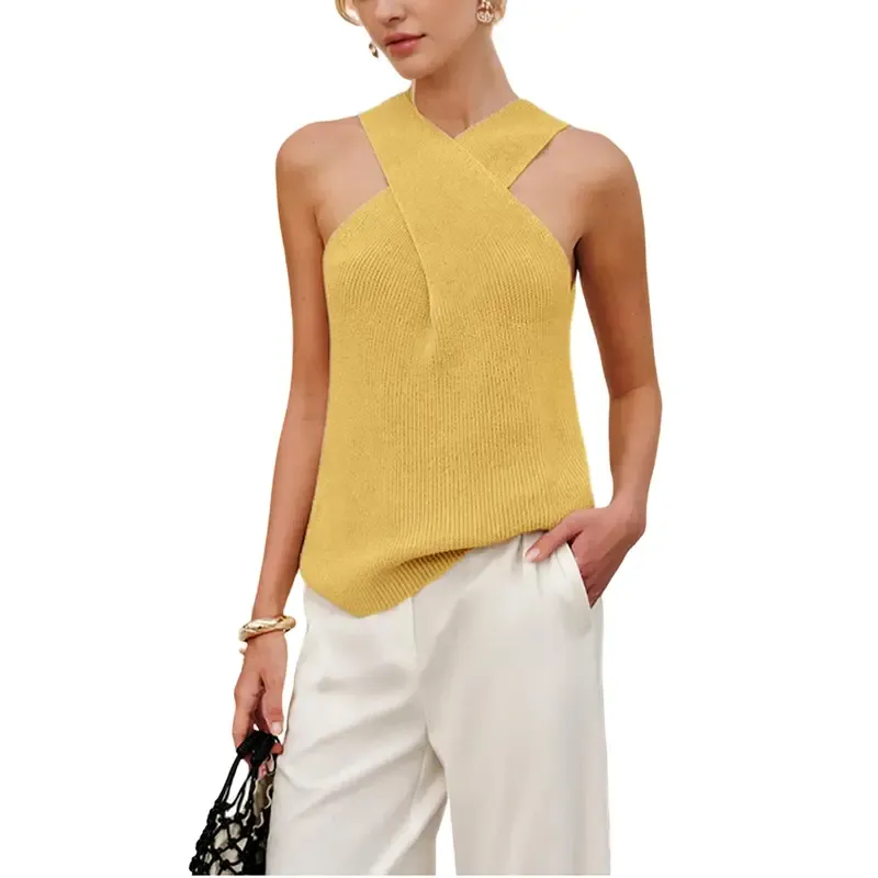 Tanming Women's Halter Cross Over Collar Tank Knit Sleeveless Camisole Top