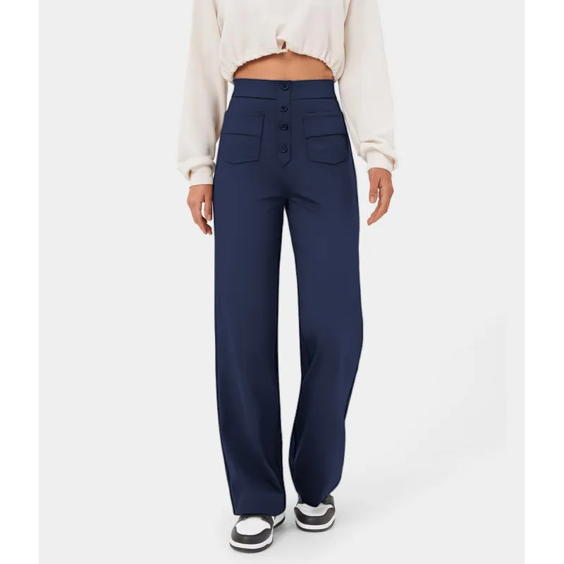 High Waisted Pockets Straight Leg Casual Pants