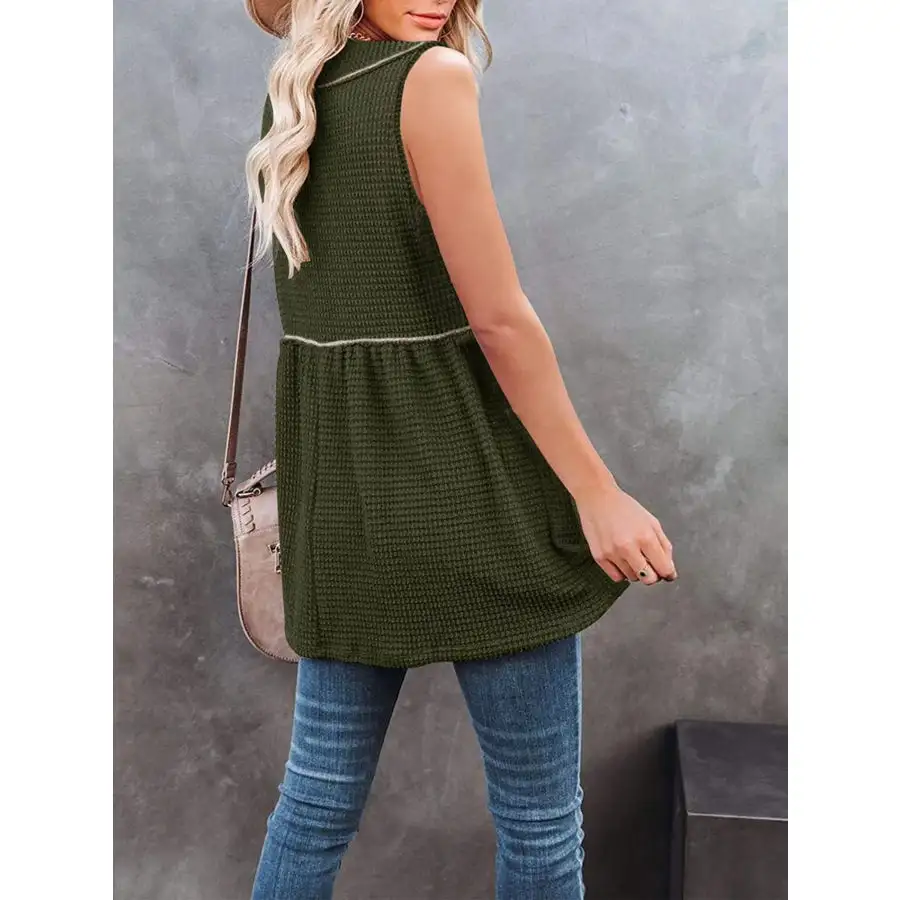 V Neck Waffle Knit Tank Top With