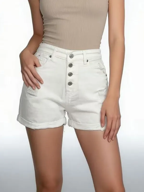 Casual Buttoned Raw Hem Distressed High Waist Shorts