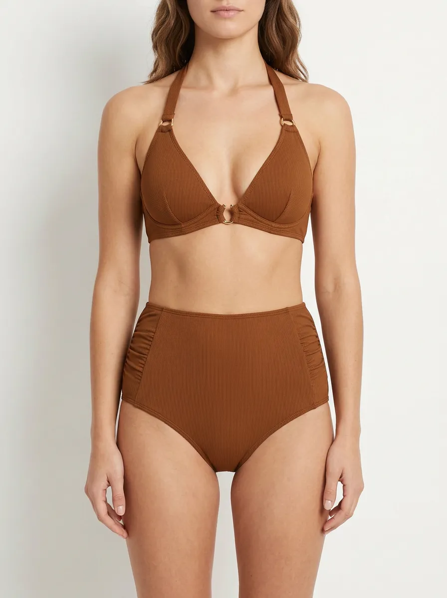 Women's Brown Ribbed Halter Bikini Set