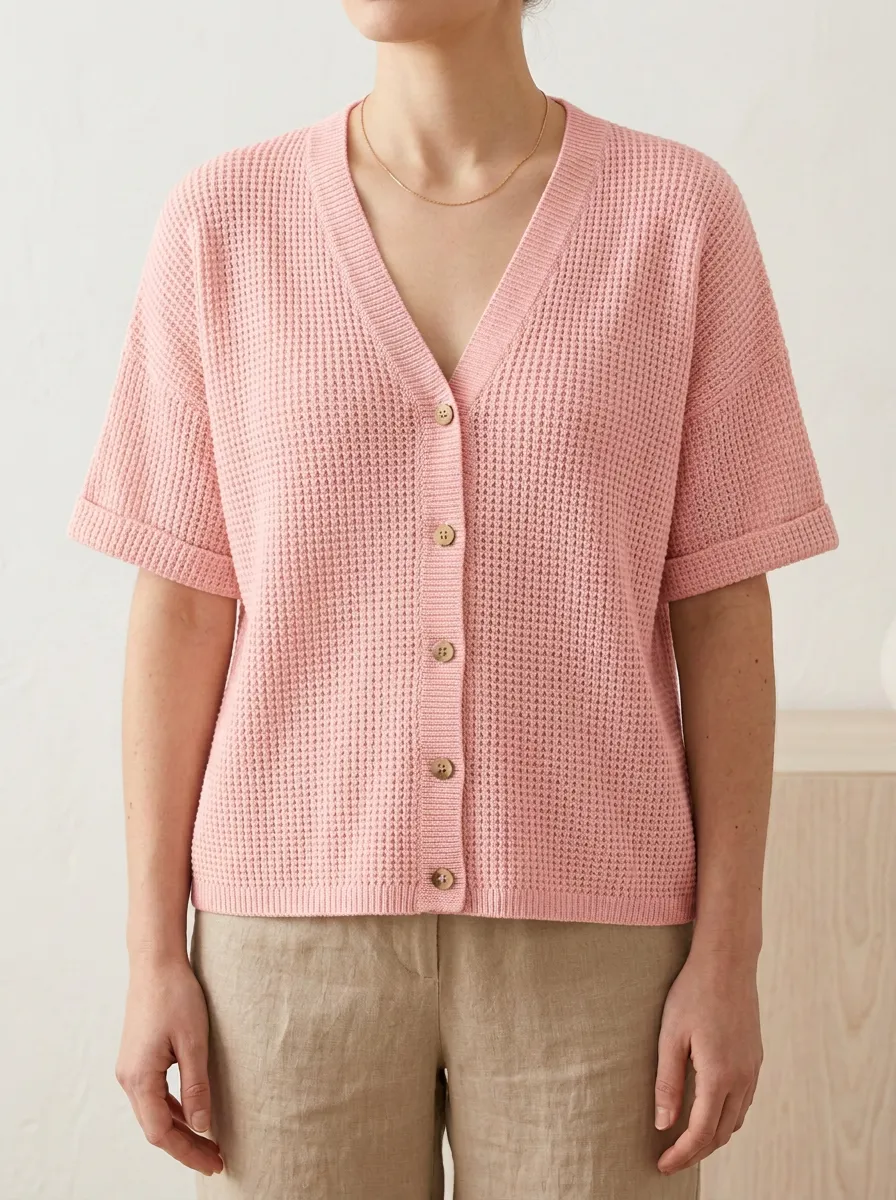 Women's Relaxed Button-Down Waffle Knit T-Shirt