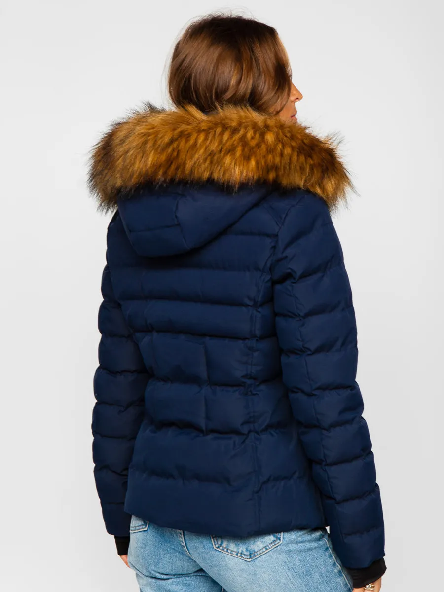 Dark blue women's quilted winter jacket with hood