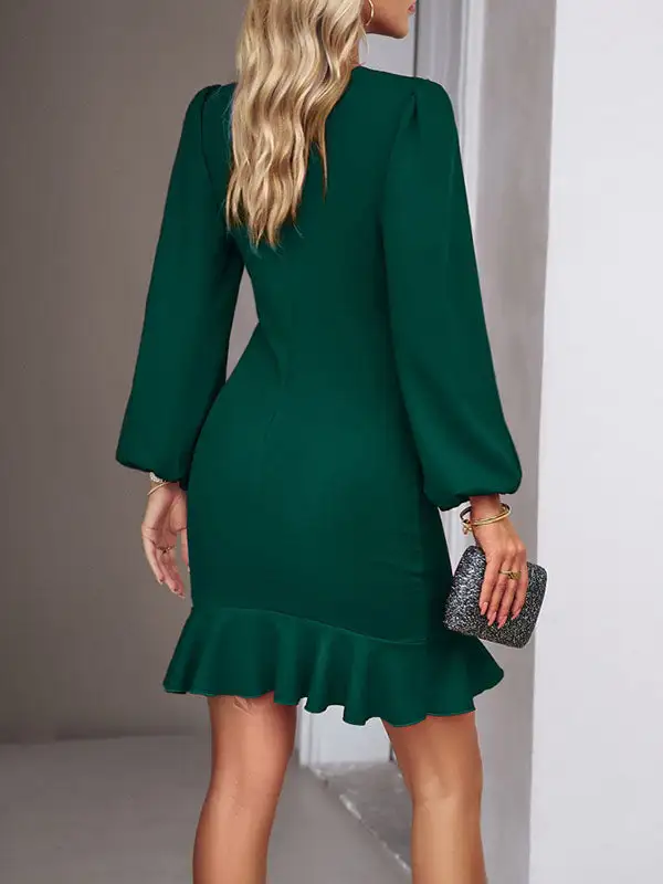 Bodycon Long Sleeve Falbala Solid Color Mini Dress