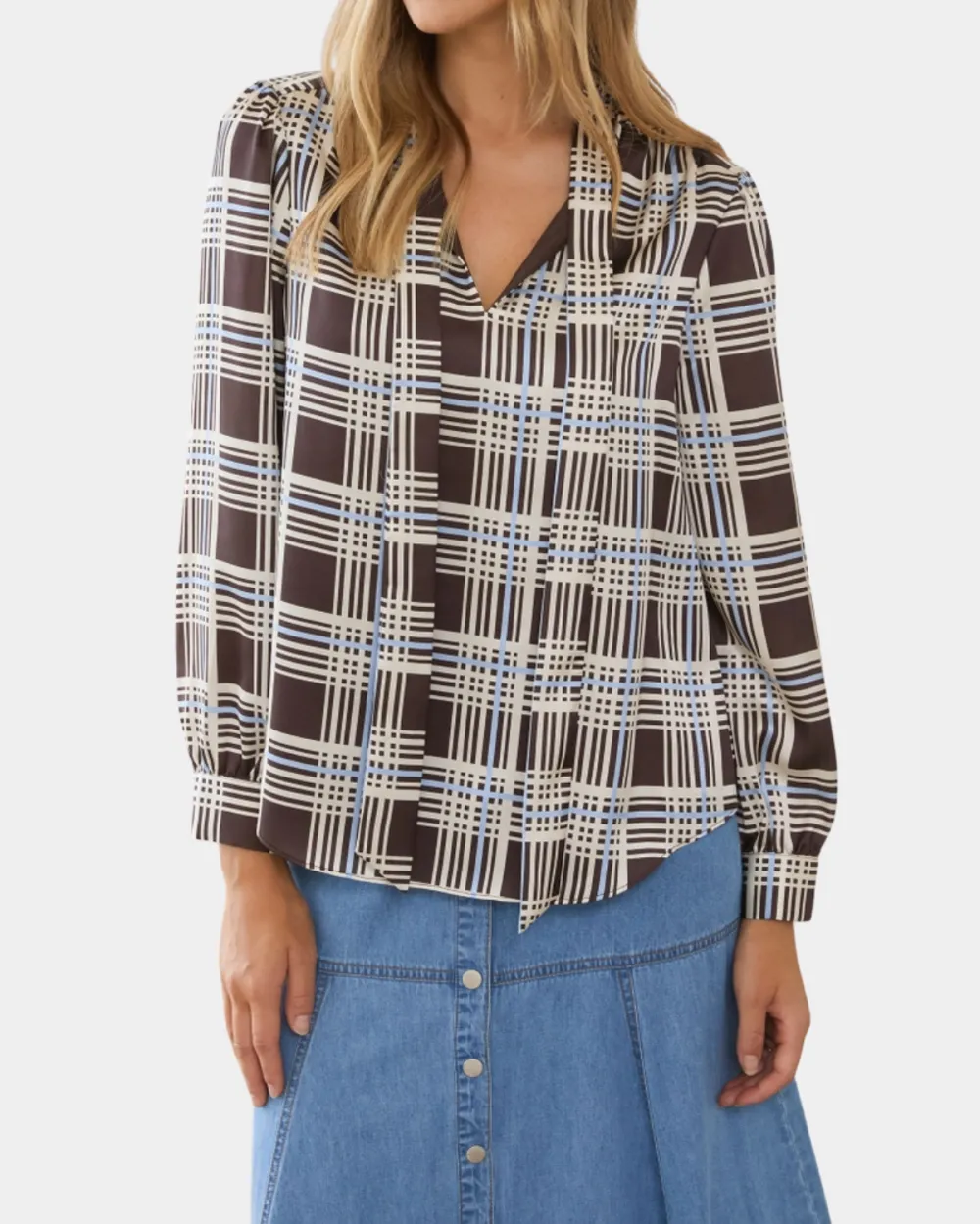 Plaid Tie Neck Blouse