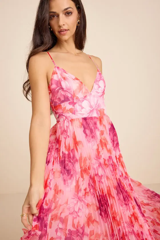 Sincerely Gorgeous Pink Multi Floral Pleated Midi Dress