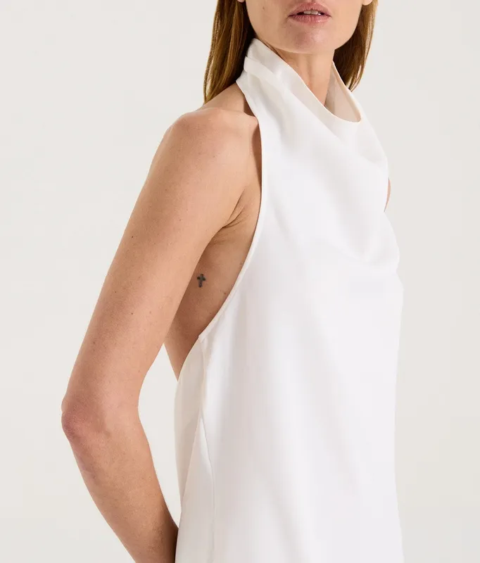 White Cowl Neck Open Back Mini Dress