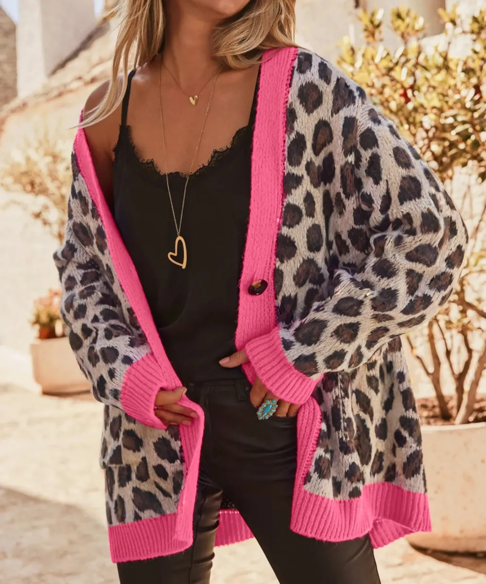 Oversized Color Block Trim Button Front Leopard Print Cardigan