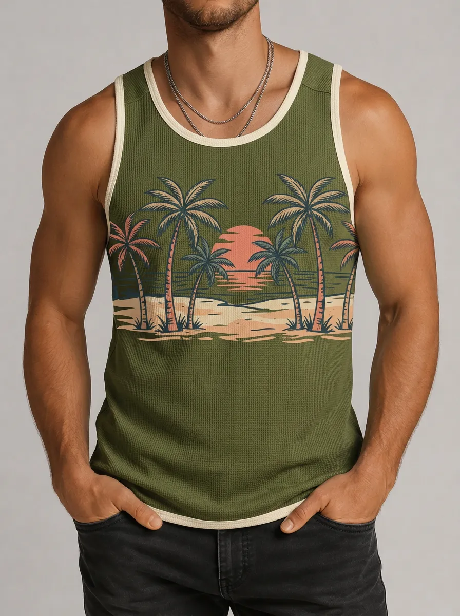Men's Tropical Sunset Ringer Graphic Tank Top