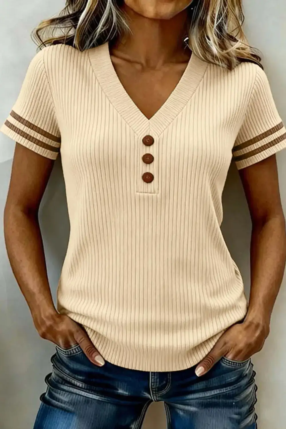 Ribbed V Neck Knit Top