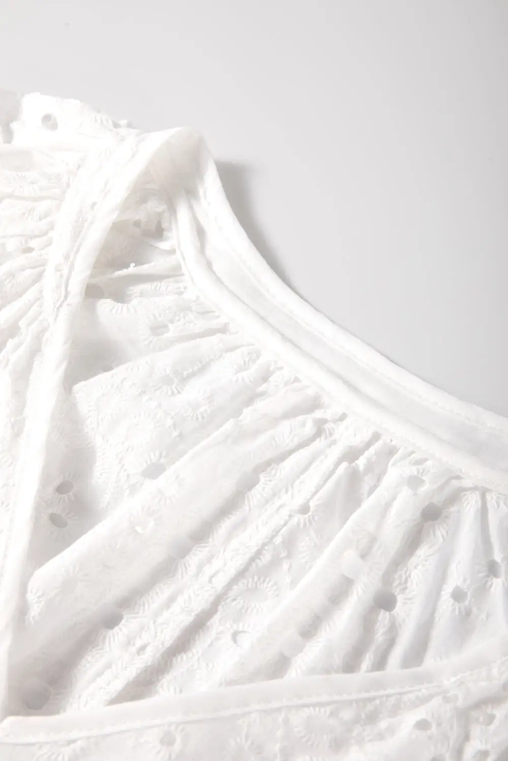 White Eyelet Embroidered Puff Sleeve V Neck Blouse