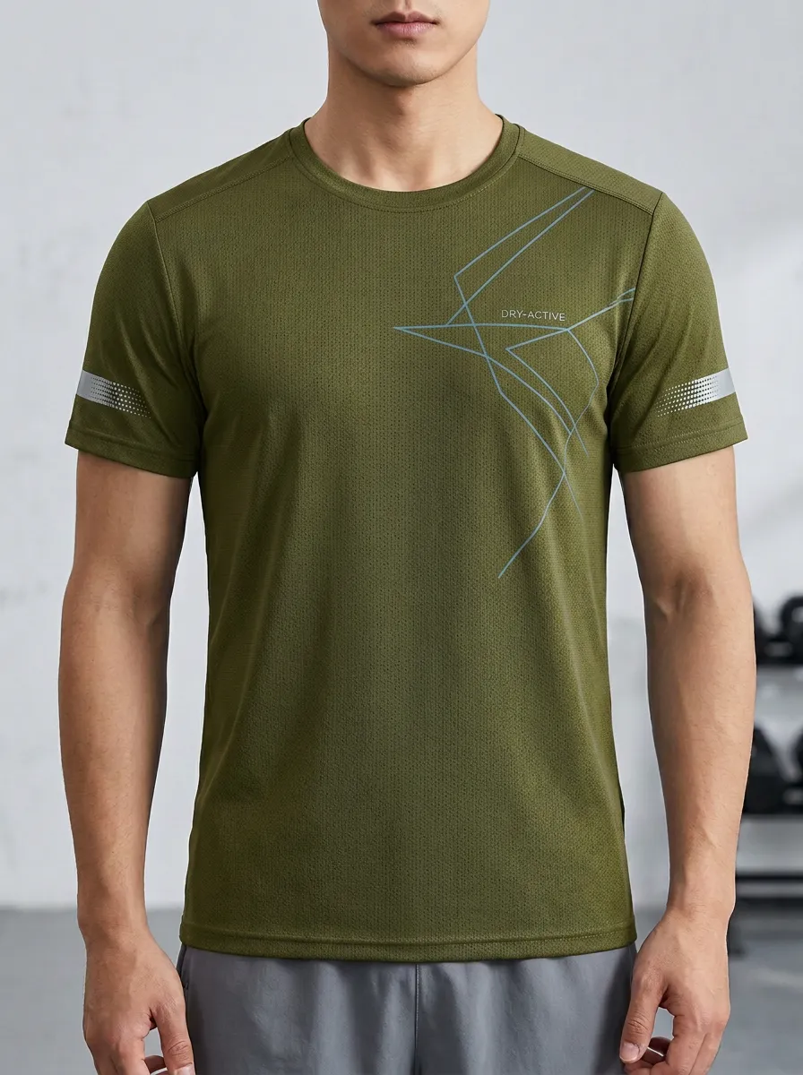 Men's Geometric Graphic Reflective Strip Printed Dry-Fit T-Shirt