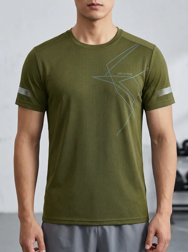 Men's Geometric Graphic Reflective Strip Printed Dry-Fit T-Shirt