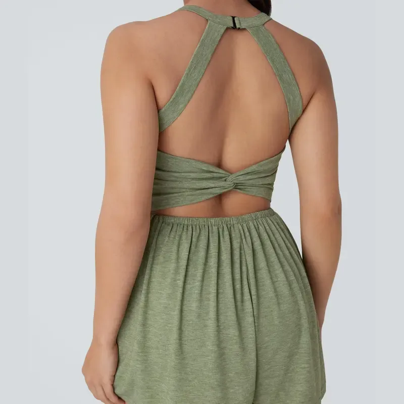 Women’s Backless Twisted Romper – 2-in-1 with Pocket