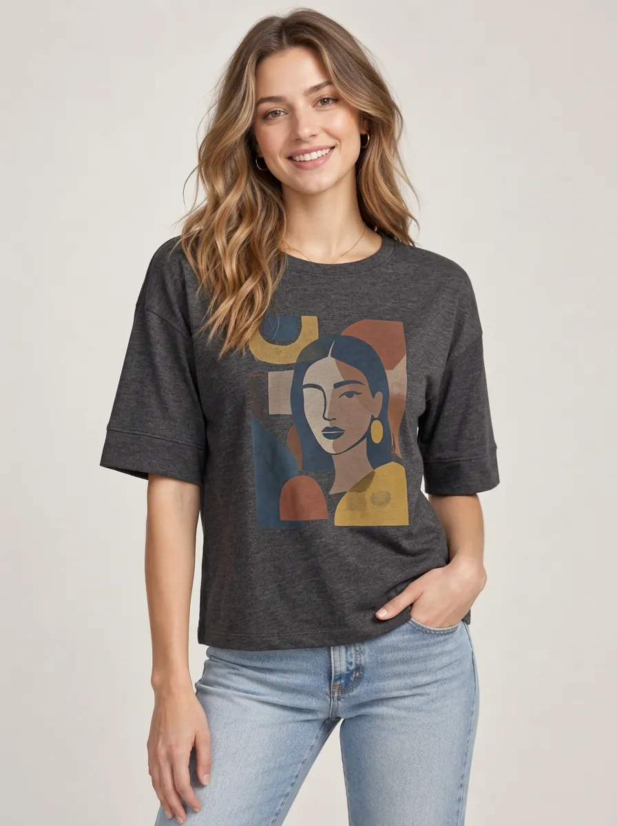 Women's Abstract Portrait Geometric Simple Printed Tee