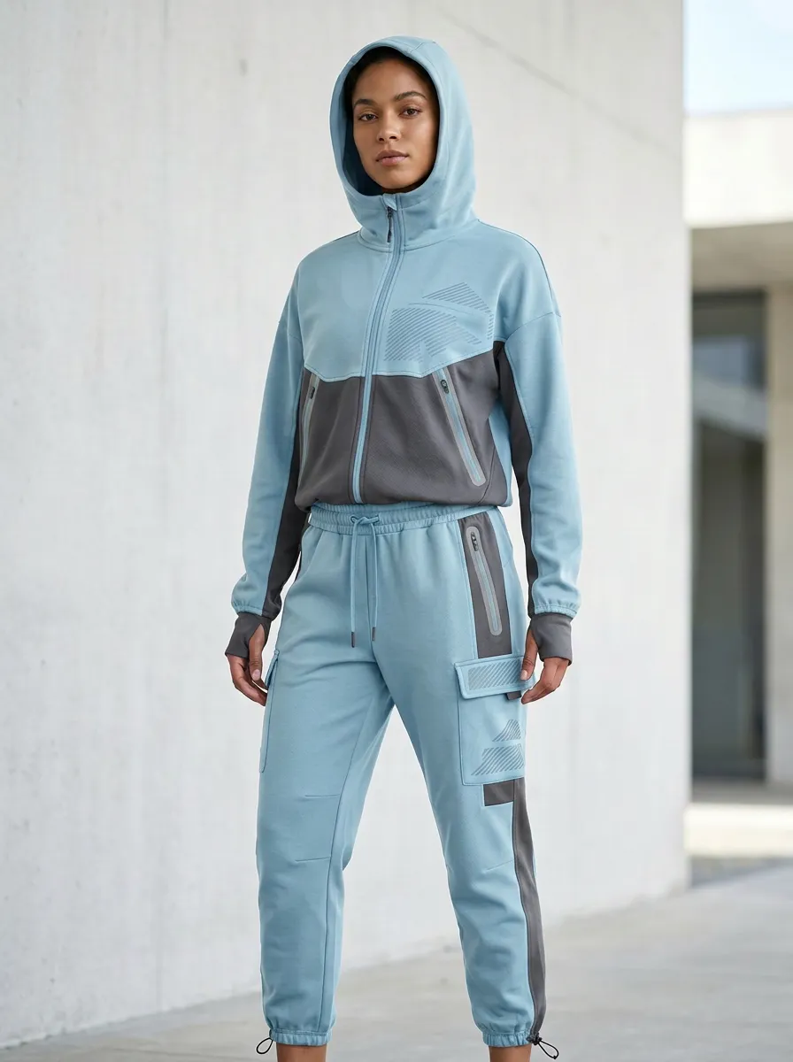 Zip-Up Hoodie Cargo Detail Colorblock Detail Unisex Zip Hoodie Tracksuit Set