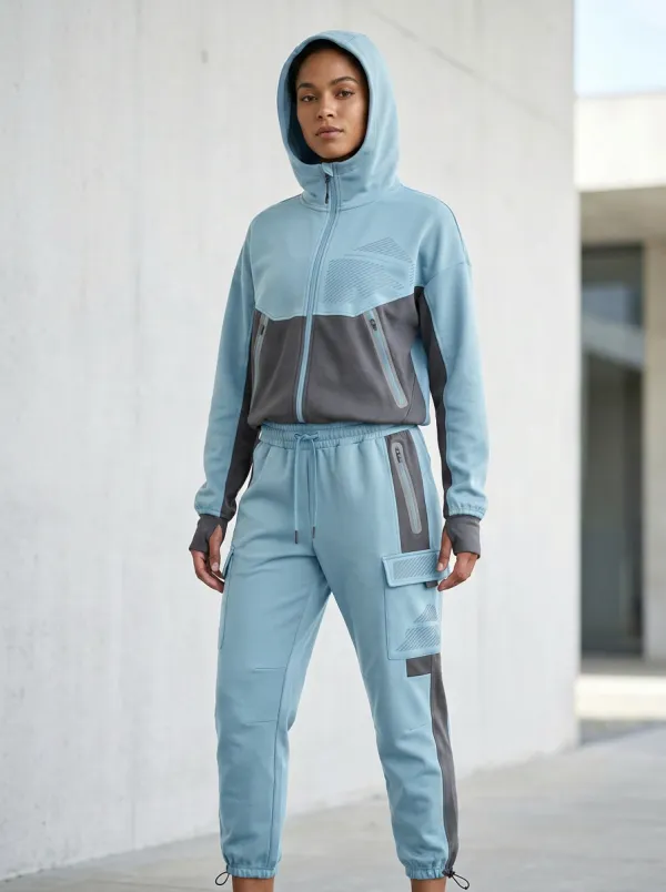 Zip-Up Hoodie Cargo Detail Colorblock Detail Unisex Zip Hoodie Tracksuit Set