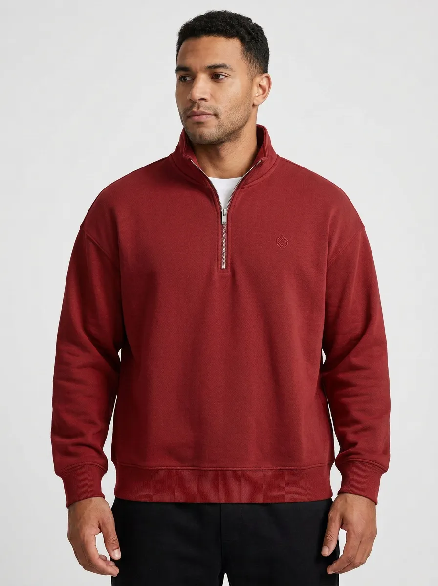 Men's Essential Minimalist Textured Embroidered Emblem Quarter-Zip Sweatshirt