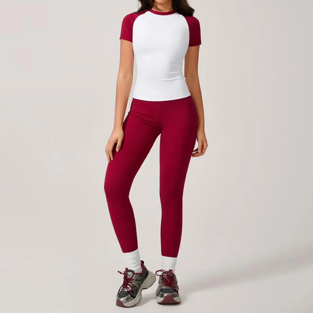 Women's Raglan Sleeve Color Block Fitted Top & Leggings Set