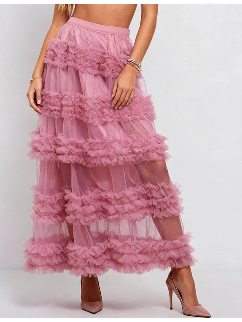 Layered Ruffle Sheer Mesh Elastic Waist Maxi Skirt