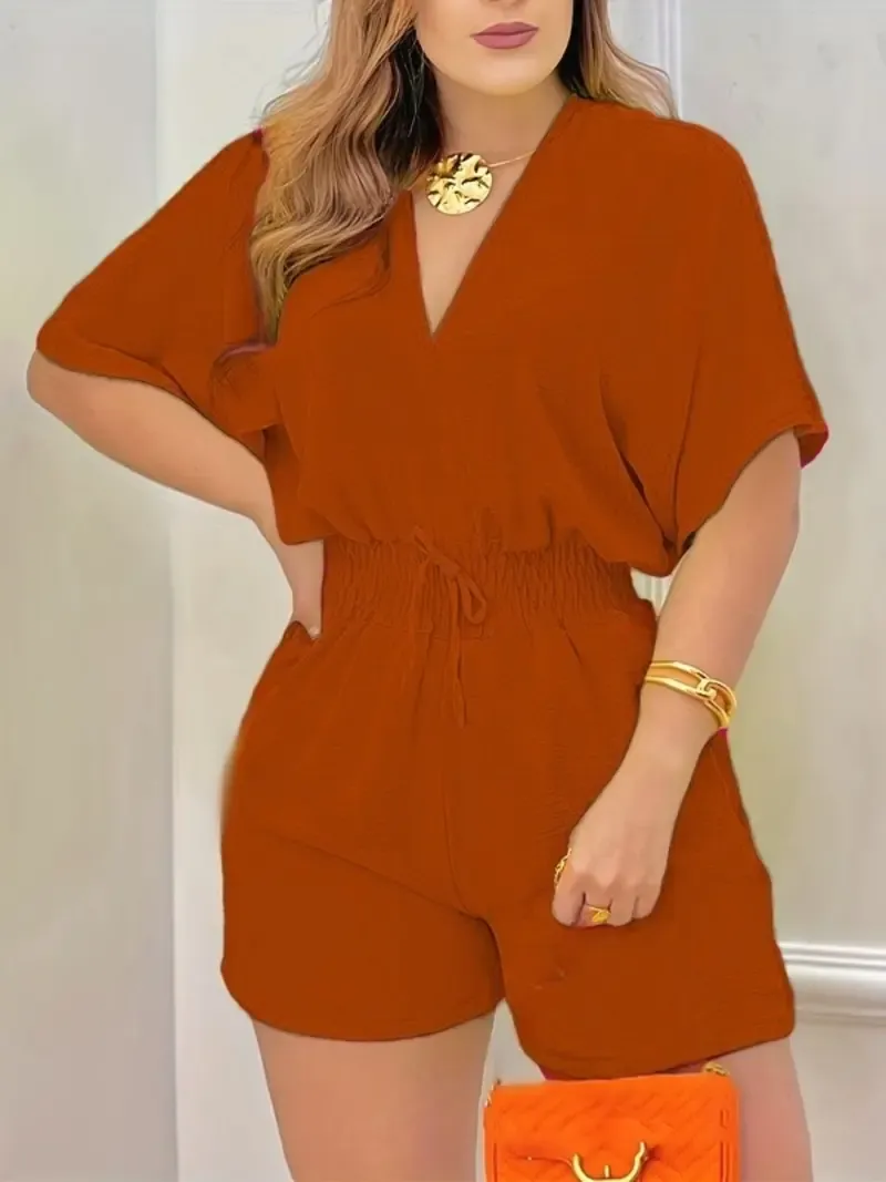 Women's Solid-Color V-Neck Jumpsuit with Drawstring Waist