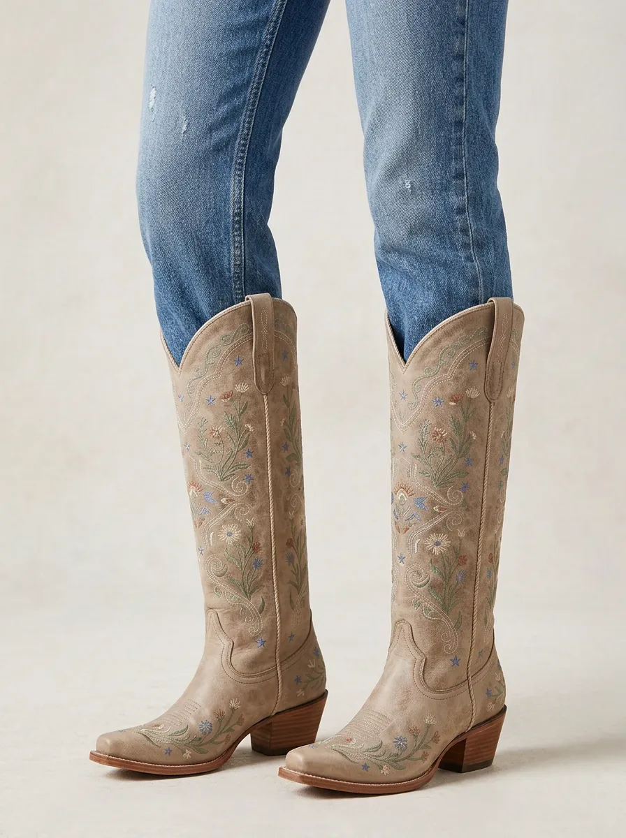 Women's Western Floral Star Embroidered Piped Square-Toe Almond-Toe Denim Over-the-Knee Boots