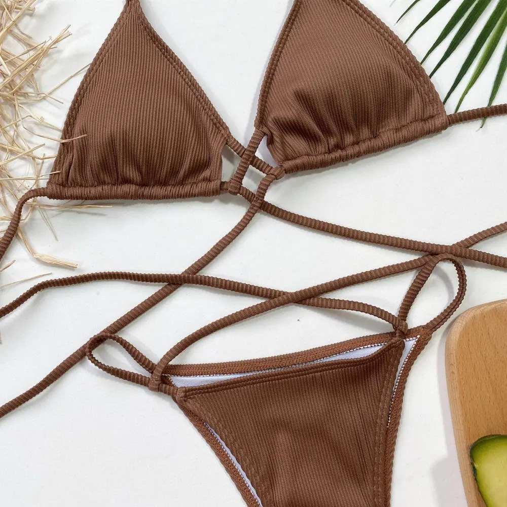 Halter Neck Crisscross Ribbed Bikini Swim Set