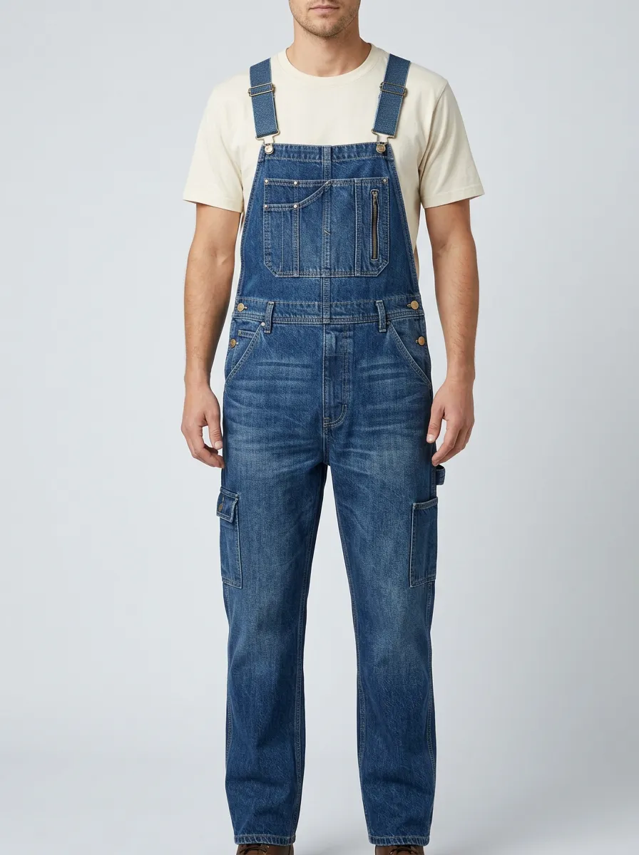 Men's Vintage Washed Denim Cargo Bib Overalls