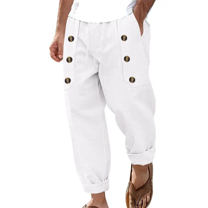 Men's Ankle-length Linen Cargo Pants Pockets
