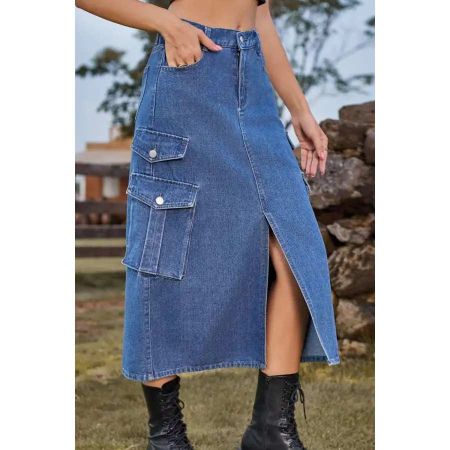 Slit Front Midi Denim Skirt with Pockets