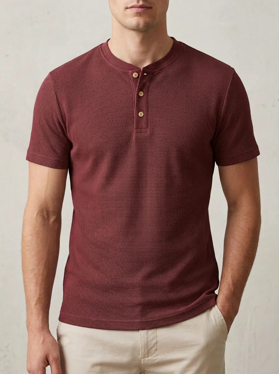 Waffle-Knit Button-Placket Textured Men's Short-Sleeve Henley Shirt