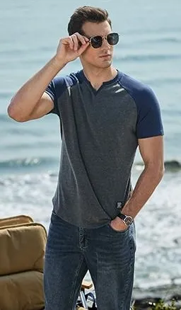 Mens Muscle Slim T Shirt V-Neck Henley