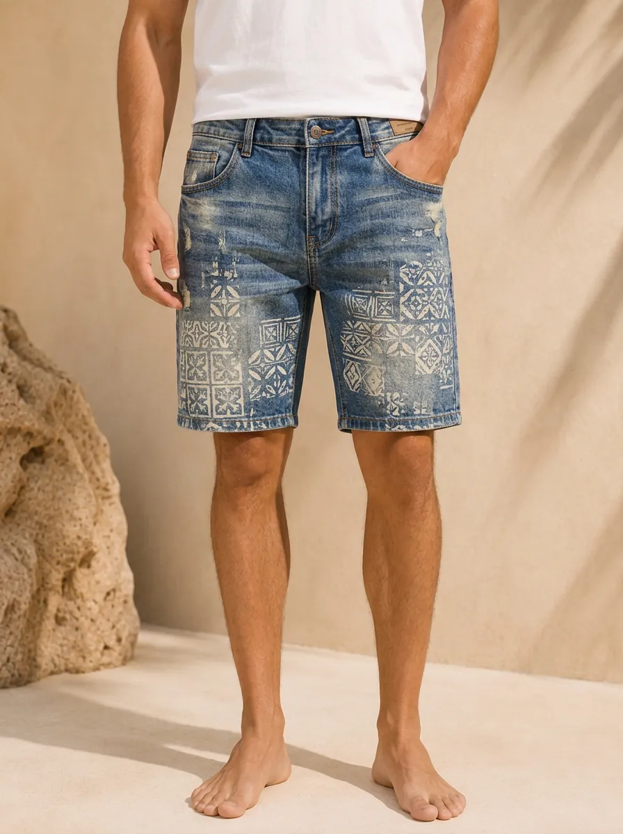 Men's Vintage Style Geometric Pattern Printed Denim Shorts