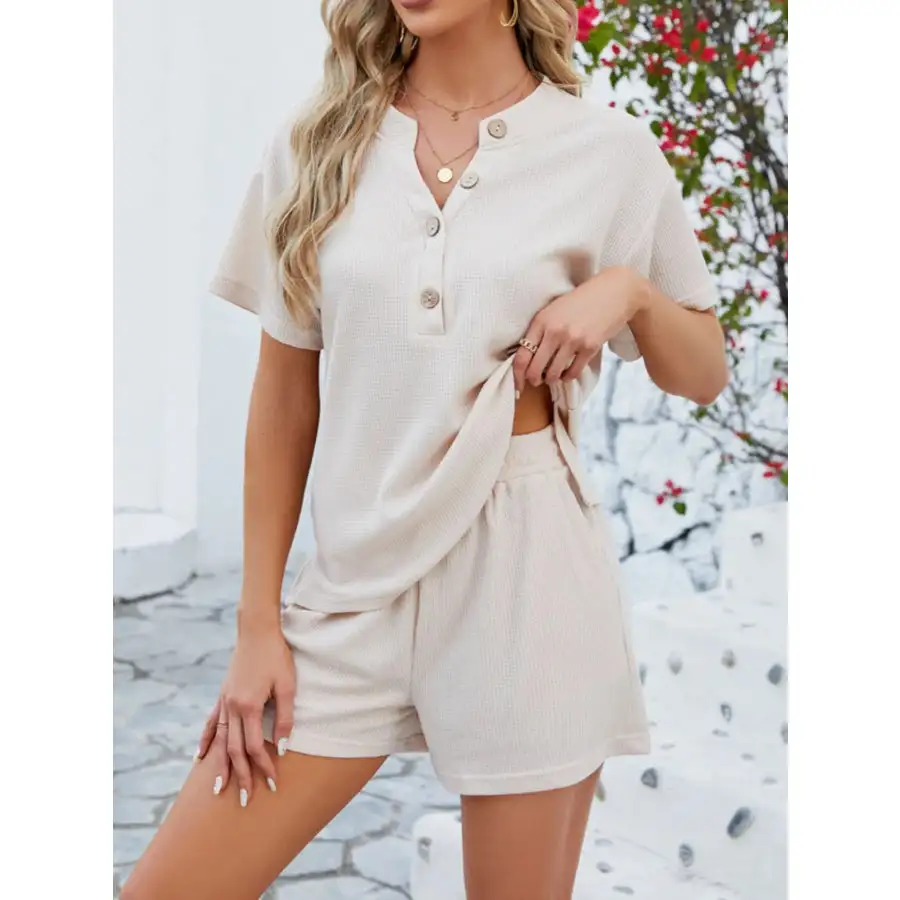 Casual Button Detail Ribbed Top and Shorts Two Piece Set